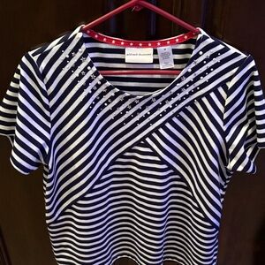 Alfred Dunner Navy and White Striped Short Sleeve Top